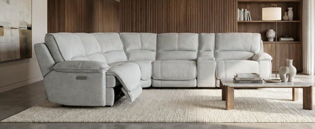 Light fabric power reclining sectional with one seat reclined